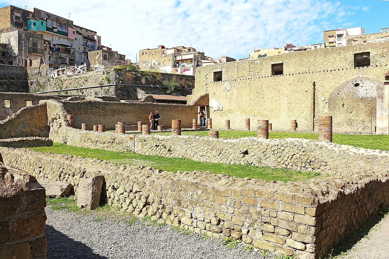 The grassy palaestra beside the Central Baths at Herculaneum