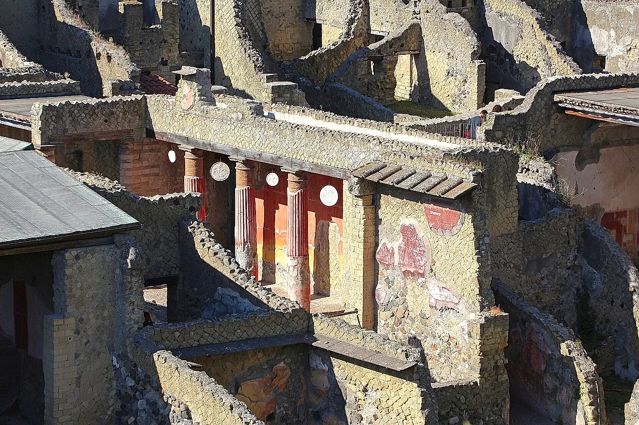 Red-painted columns and walls of the House of the Telephus Relief seen from above