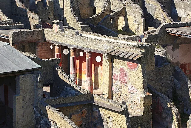 Red-painted columns and walls of the House of the Telephus Relief seen from above