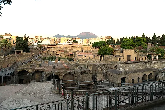 Herculaneum at dusk with the cone of Vesuvius on the horizon